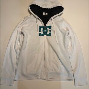 DC White Hoodie with Teal Logo